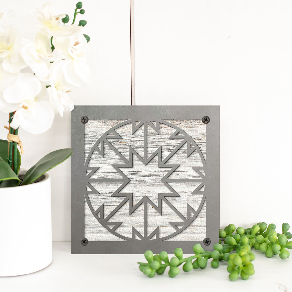 Quilt Block Metal Wall Art on Reclaimed Wood, Sewing Room Sign, Quilter Gift