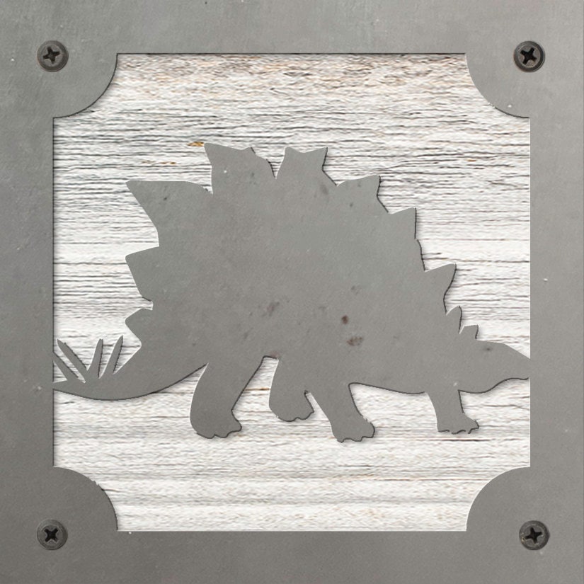 Stegosaurus Dinosaur Metal Wall Art on Reclaimed Wood, Dino Nursery Decor, 5.5 Inch Square Steel Sign, Dinosaur Gift, Kids Room Decor