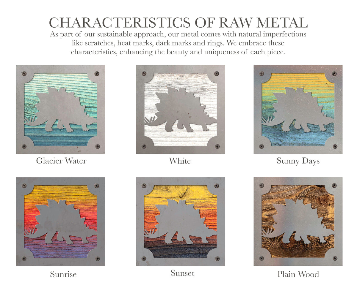 Stegosaurus Dinosaur Metal Wall Art on Reclaimed Wood, Dino Nursery Decor, 5.5 Inch Square Steel Sign, Dinosaur Gift, Kids Room Decor
