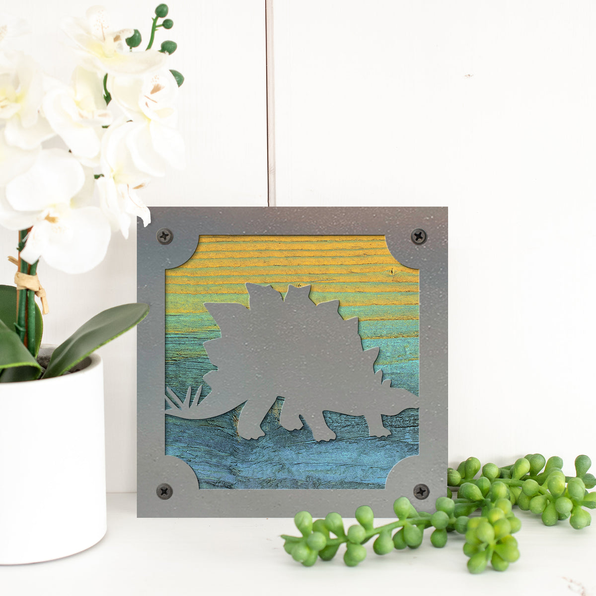 Stegosaurus Dinosaur Metal Wall Art on Reclaimed Wood, Dino Nursery Decor, 5.5 Inch Square Steel Sign, Dinosaur Gift, Kids Room Decor