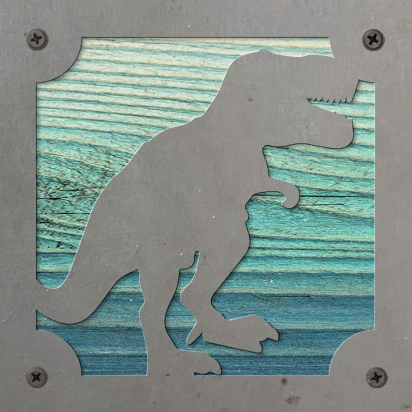 T-Rex Dinosaur Metal Wall Art on Reclaimed Wood, Boys Room Decor, Dino Gift