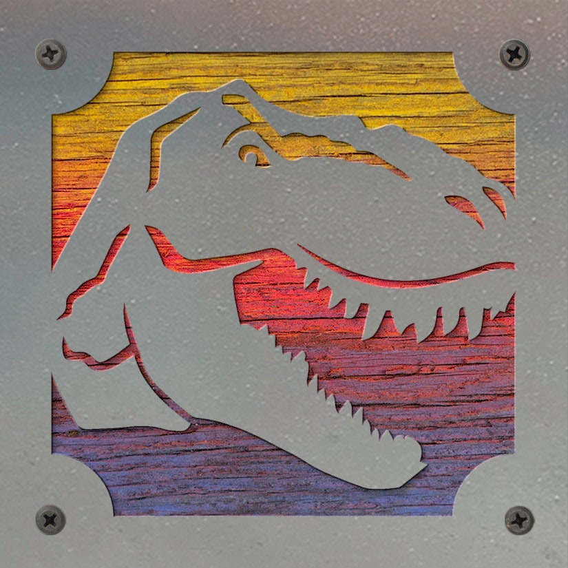 T-Rex Metal Wall Art on Reclaimed Wood, Dinosaur Playroom Decor, Kids Gift, 5.5 Inch Square Steel Sign, Dino Lover Gift,