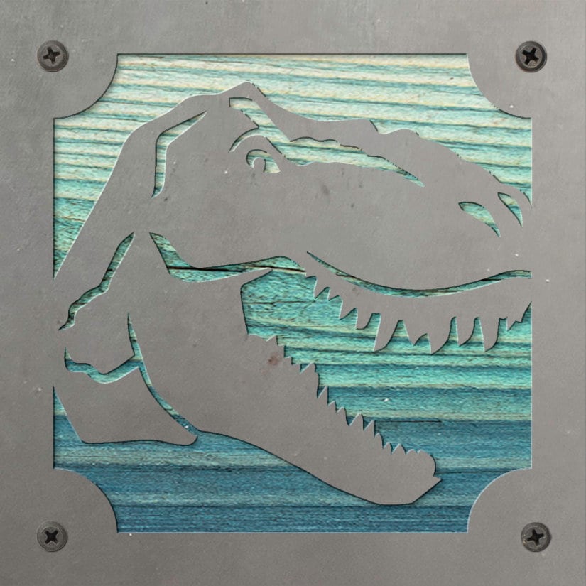 T-Rex Metal Wall Art on Reclaimed Wood, Dinosaur Playroom Decor, Kids Gift, 5.5 Inch Square Steel Sign, Dino Lover Gift, Housewarming Gift
