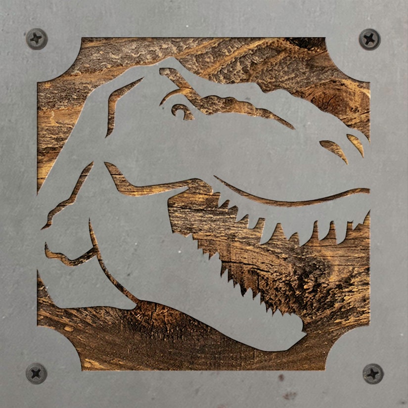 T-Rex Metal Wall Art on Reclaimed Wood, Dinosaur Playroom Decor, Kids Gift, 5.5 Inch Square Steel Sign, Dino Lover Gift, Housewarming Gift