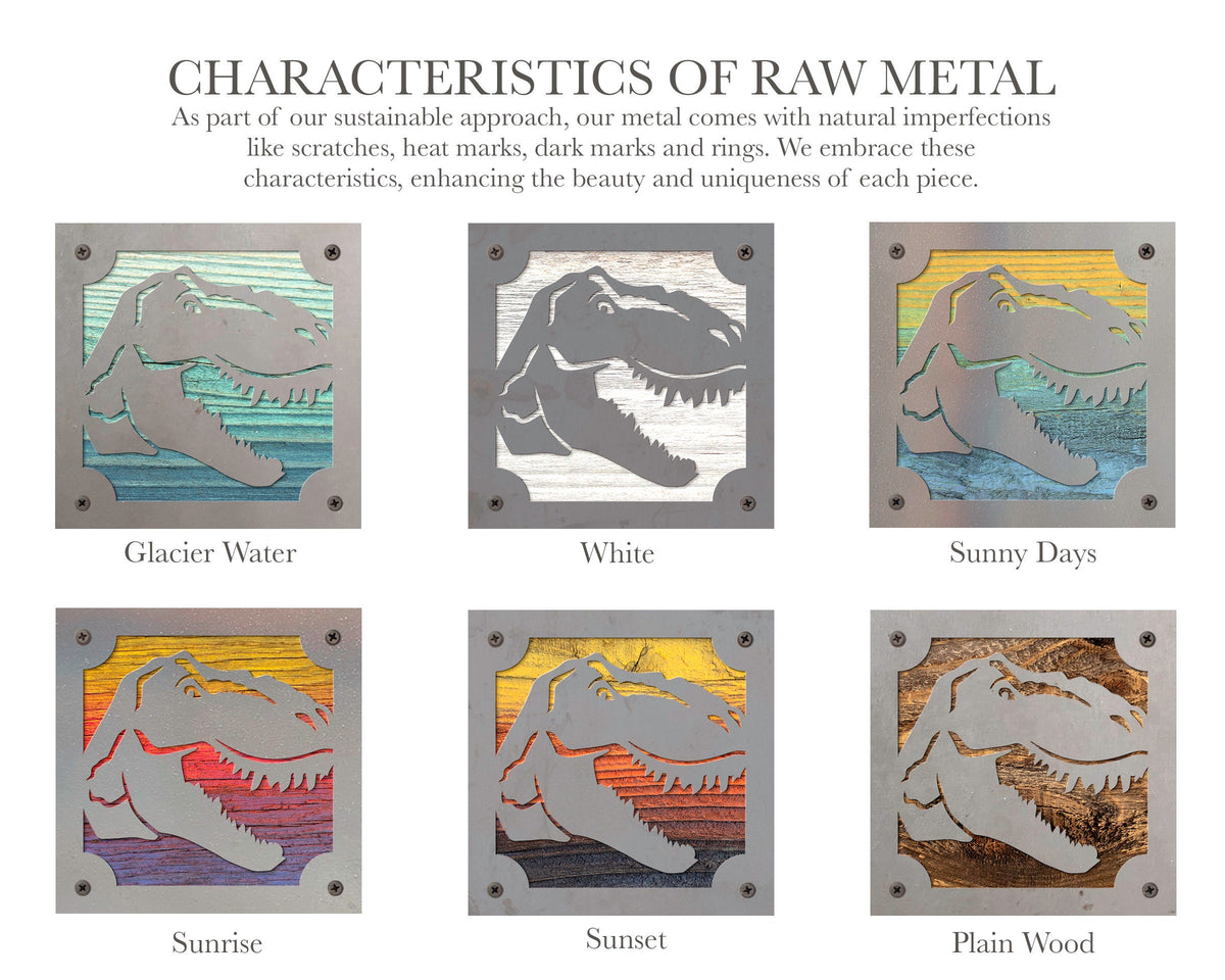 T-Rex Metal Wall Art on Reclaimed Wood, Dinosaur Playroom Decor, Kids Gift, 5.5 Inch Square Steel Sign, Dino Lover Gift, Housewarming Gift
