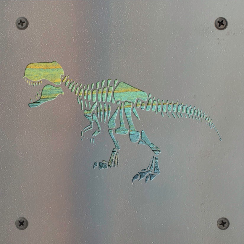T-Rex Skeleton Metal Wall Art on Reclaimed Wood, Fossil Decor, Dinosaur Gift