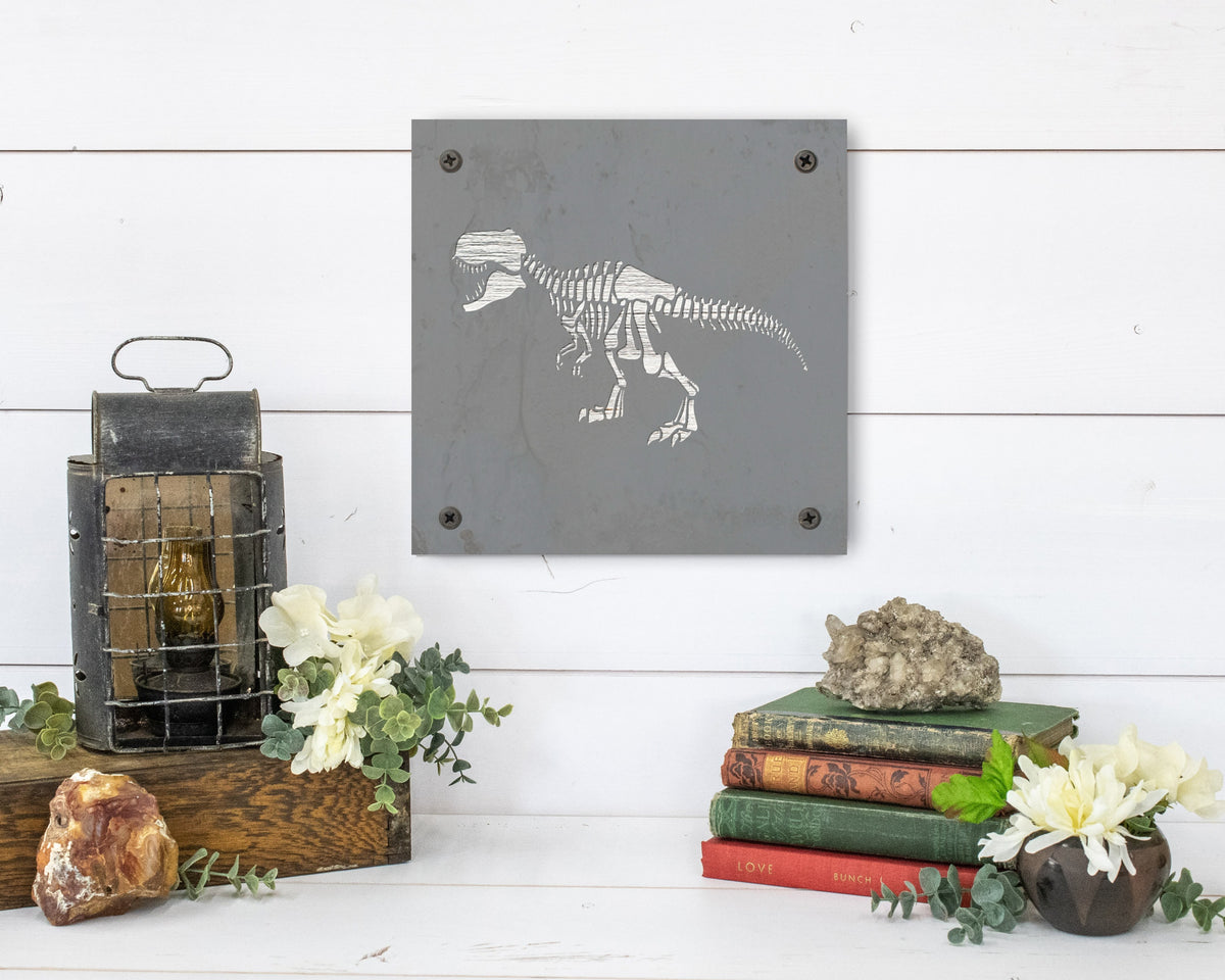 T-Rex Skeleton Metal Wall Art on Reclaimed Wood, Fossil Decor, Dinosaur Gift