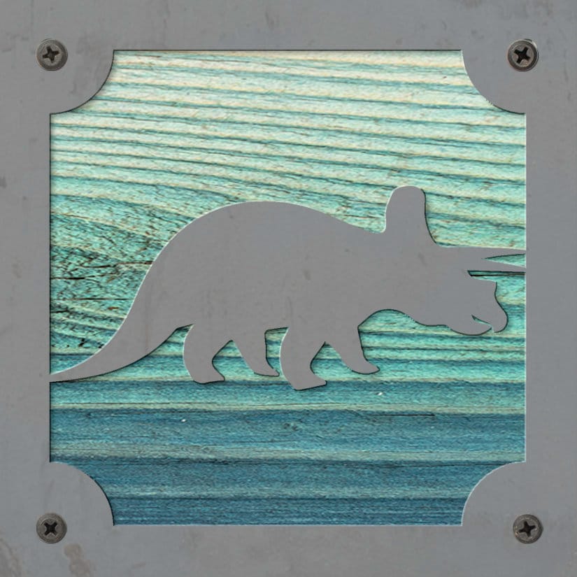 Triceratops Dinosaur Metal Wall Art on Reclaimed Wood, Dino Nursery Decor