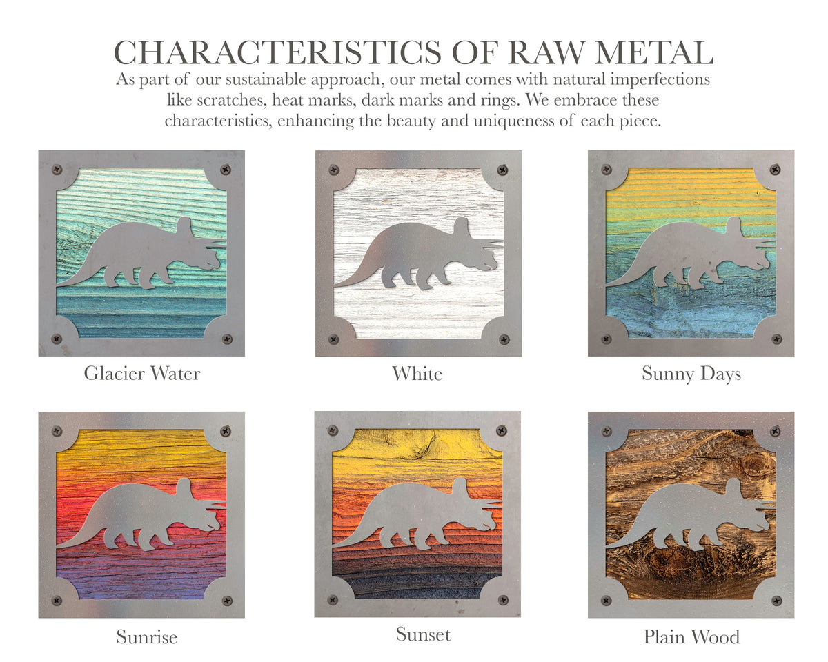 Triceratops Dinosaur Metal Wall Art on Reclaimed Wood, Dino Nursery Decor