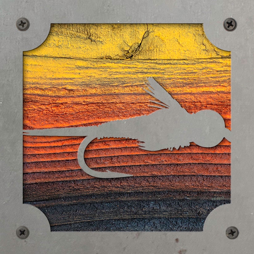 Copper John Fly Metal Wall Art on Reclaimed Wood, Fly Fishing Decor, Angler Gift, 5.5 Inch Square Steel Sign, Fly Tying Gift
