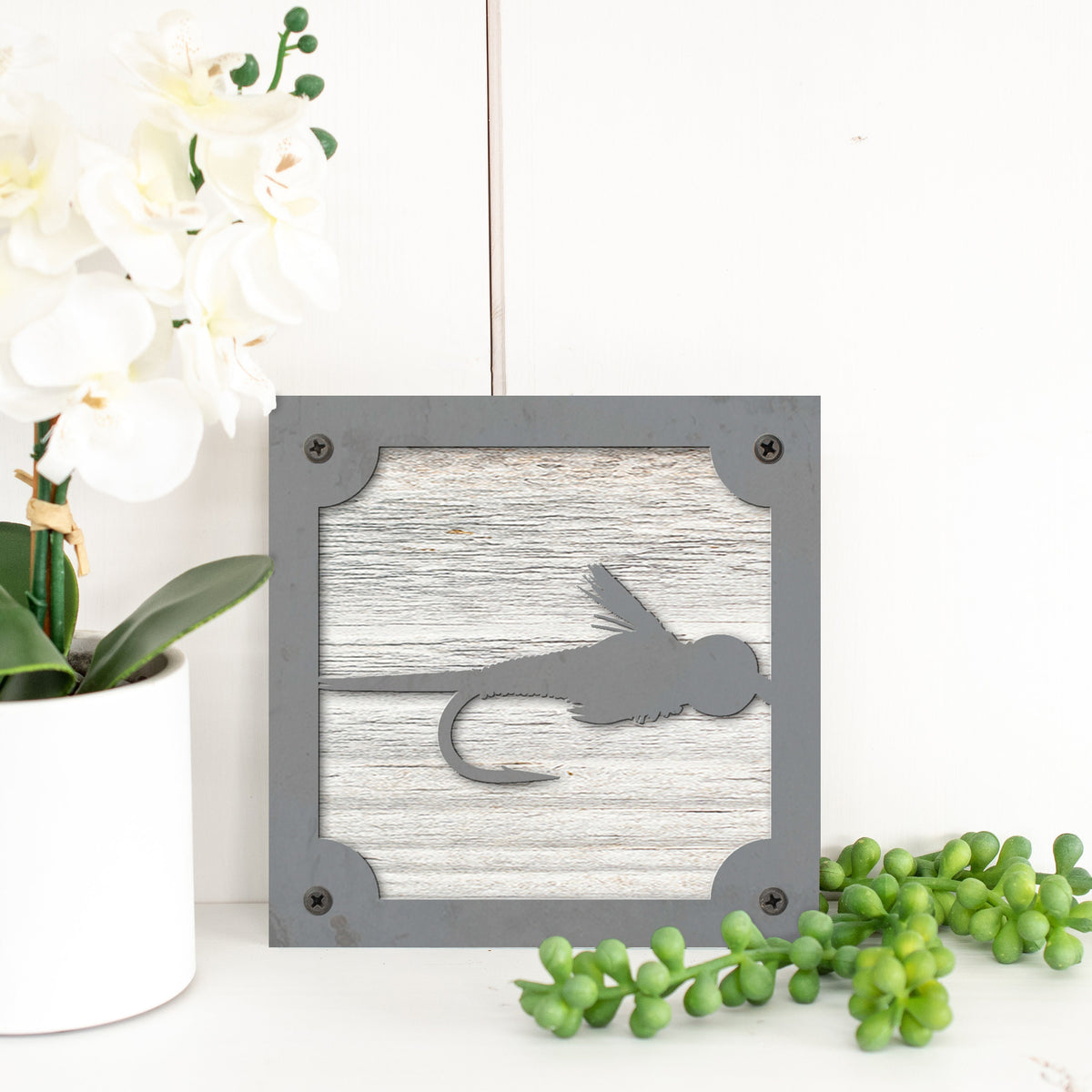 Copper John Fly Metal Wall Art on Reclaimed Wood, Fly Fishing Decor, Angler Gift, 5.5 Inch Square Steel Sign, Fly Tying Gift