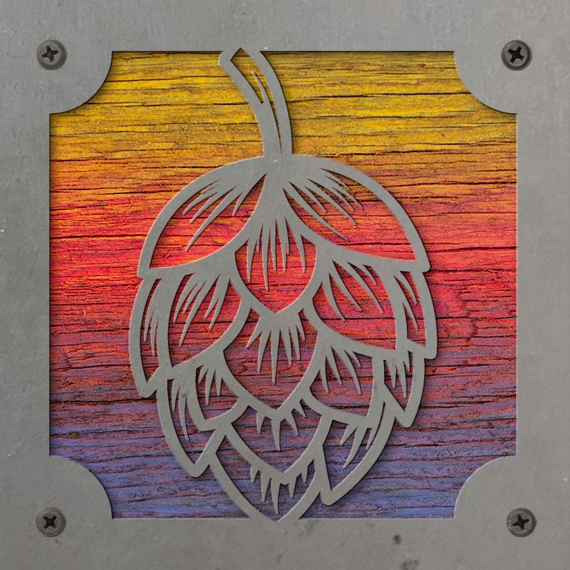 Hops Metal Wall Art on Reclaimed Wood, Home Bar Sign, Craft Beer Gift, 5.5 Inch Square Steel Sign, Brewery Decor, Beer L