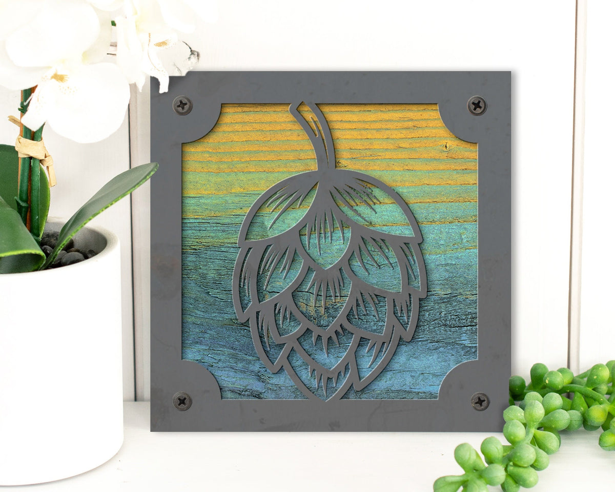 Hops Metal Wall Art on Reclaimed Wood, Home Bar Sign, Craft Beer Gift, 5.5 Inch Square Steel Sign, Brewery Decor, Beer Lover Gift