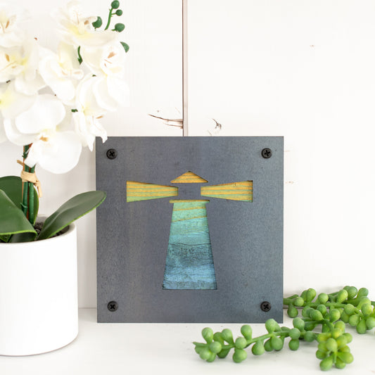 Lighthouse Metal Wall Art on Reclaimed Wood, Coastal Decor, Nautical Gift, 5.5 Inch Square Steel Sign, Beach House Sign,