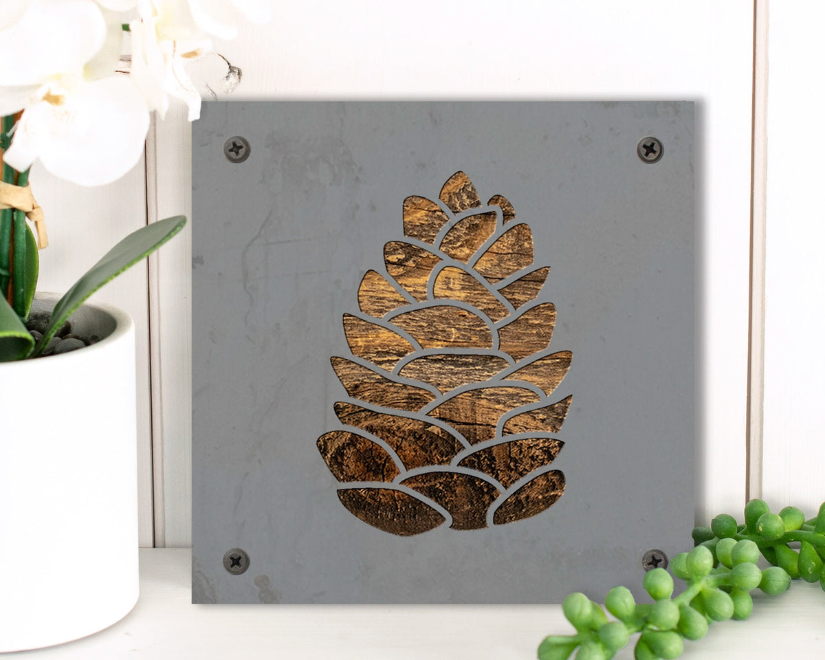 Pinecone Metal Wall Art on Reclaimed Wood, Cabin Decor, Rustic Christmas Sign, 5.5 Inch Square Steel Sign, Pine Cone Art, Winter Decor