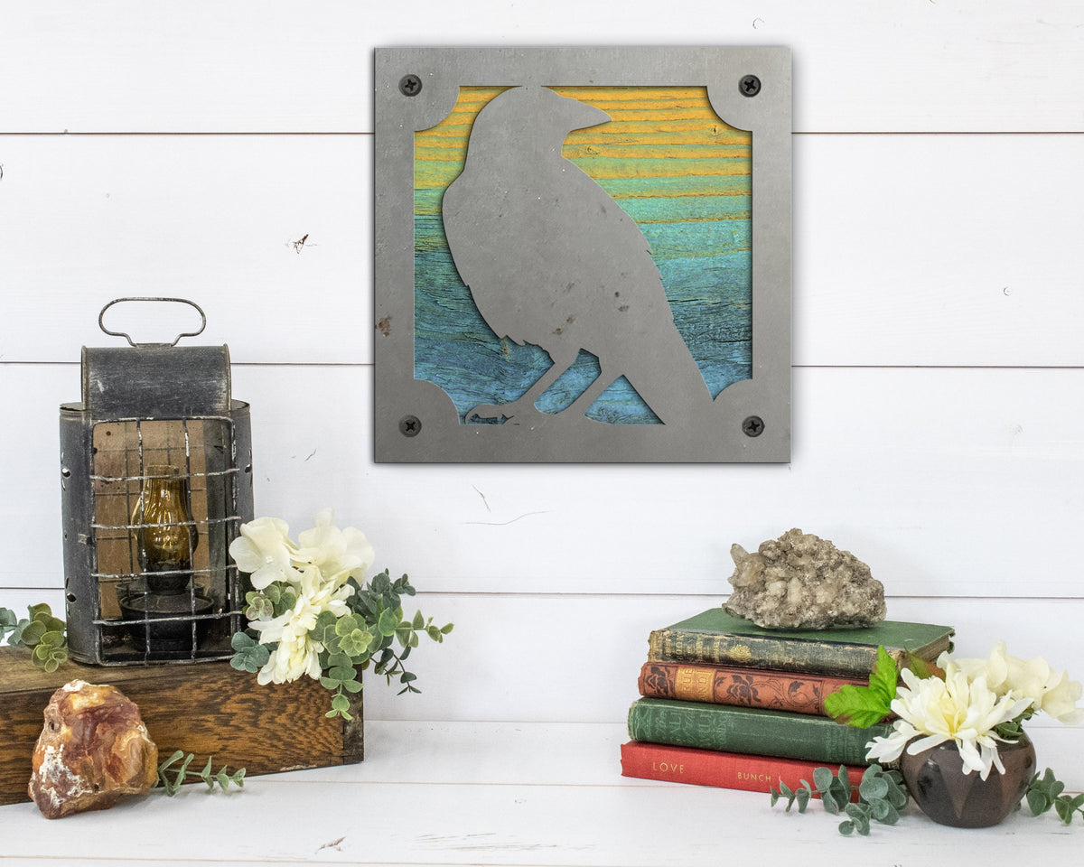 Raven Metal Wall Art on Reclaimed Wood, Whimsigoth Decor, Crow Gift, 5.5 Inch Square Steel Sign, Gothic Wall Art, Halloween Decor