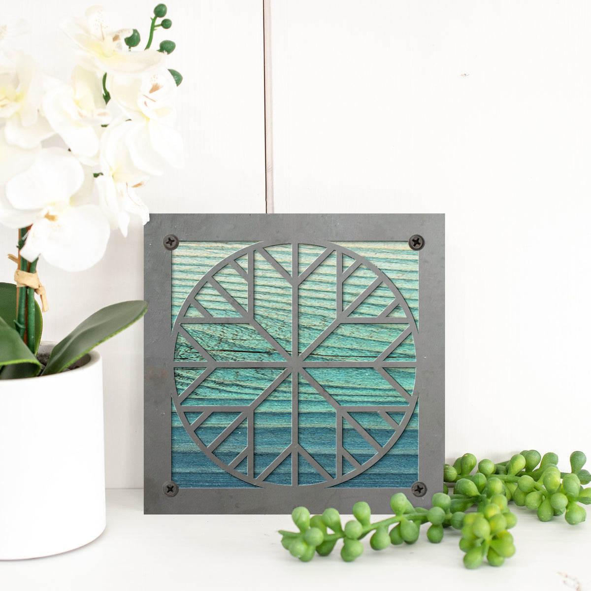 Geometric Quilt Block Metal Wall Art on Reclaimed Wood, Quilter Gift