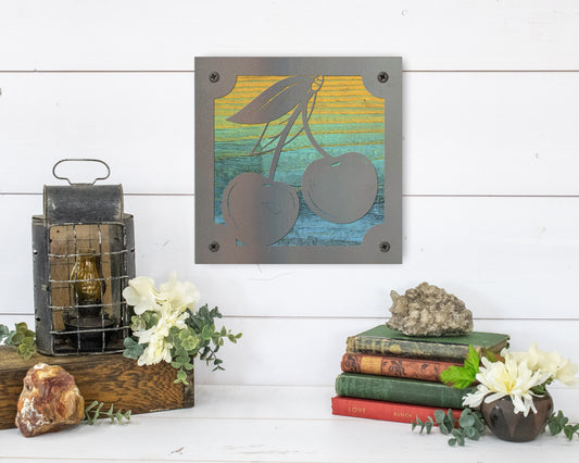 Cherry Metal Wall Art on Reclaimed Wood, Retro Kitchen Decor, Vintage Cherries, 5.5 Inch Square Steel Sign, Housewarming