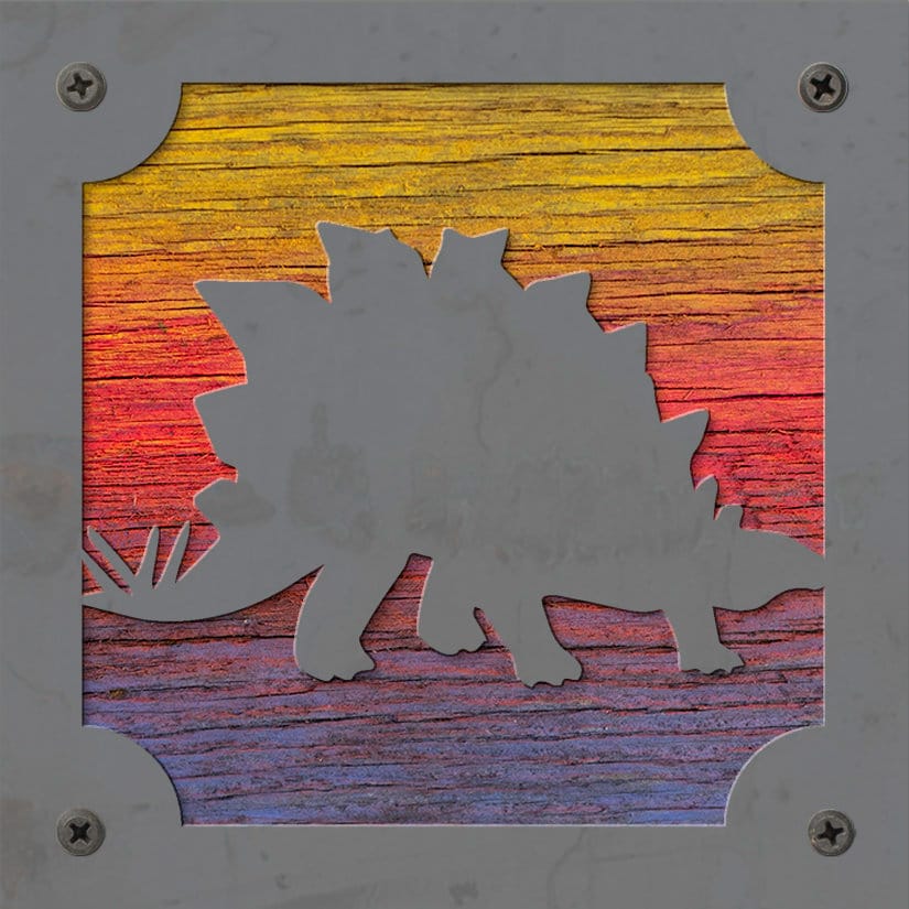 Stegosaurus Dinosaur Metal Wall Art on Reclaimed Wood, Dino Nursery Decor, 5.5 Inch Square Steel Sign, Dinosaur Gift, Ki
