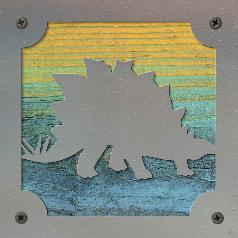 Stegosaurus Dinosaur Metal Wall Art on Reclaimed Wood, Dino Nursery Decor, 5.5 Inch Square Steel Sign, Dinosaur Gift, Kids Room Decor