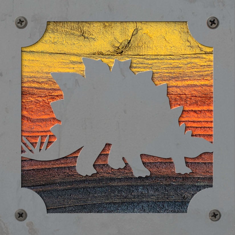 Stegosaurus Dinosaur Metal Wall Art on Reclaimed Wood, Dino Nursery Decor, 5.5 Inch Square Steel Sign, Dinosaur Gift, Kids Room Decor