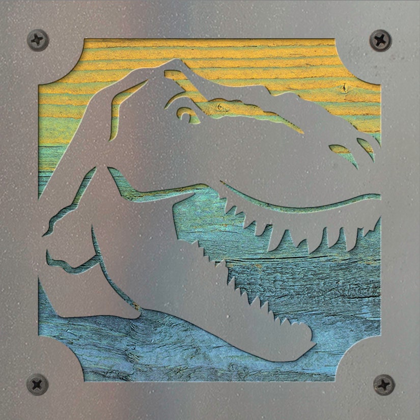 T-Rex Metal Wall Art on Reclaimed Wood, Dinosaur Playroom Decor, Kids Gift, 5.5 Inch Square Steel Sign, Dino Lover Gift, Housewarming Gift