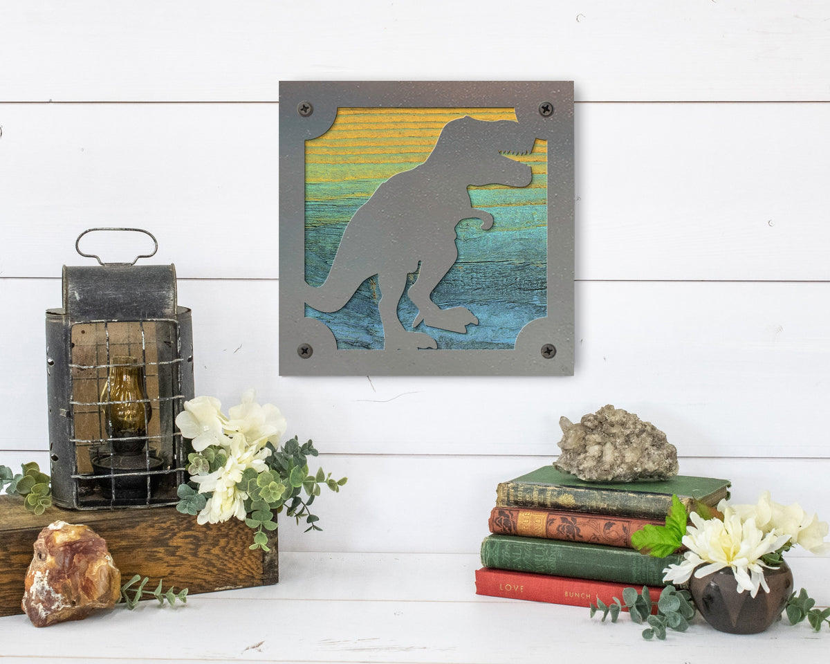 T-Rex Dinosaur Metal Wall Art on Reclaimed Wood, Boys Room Decor, Dino Gift