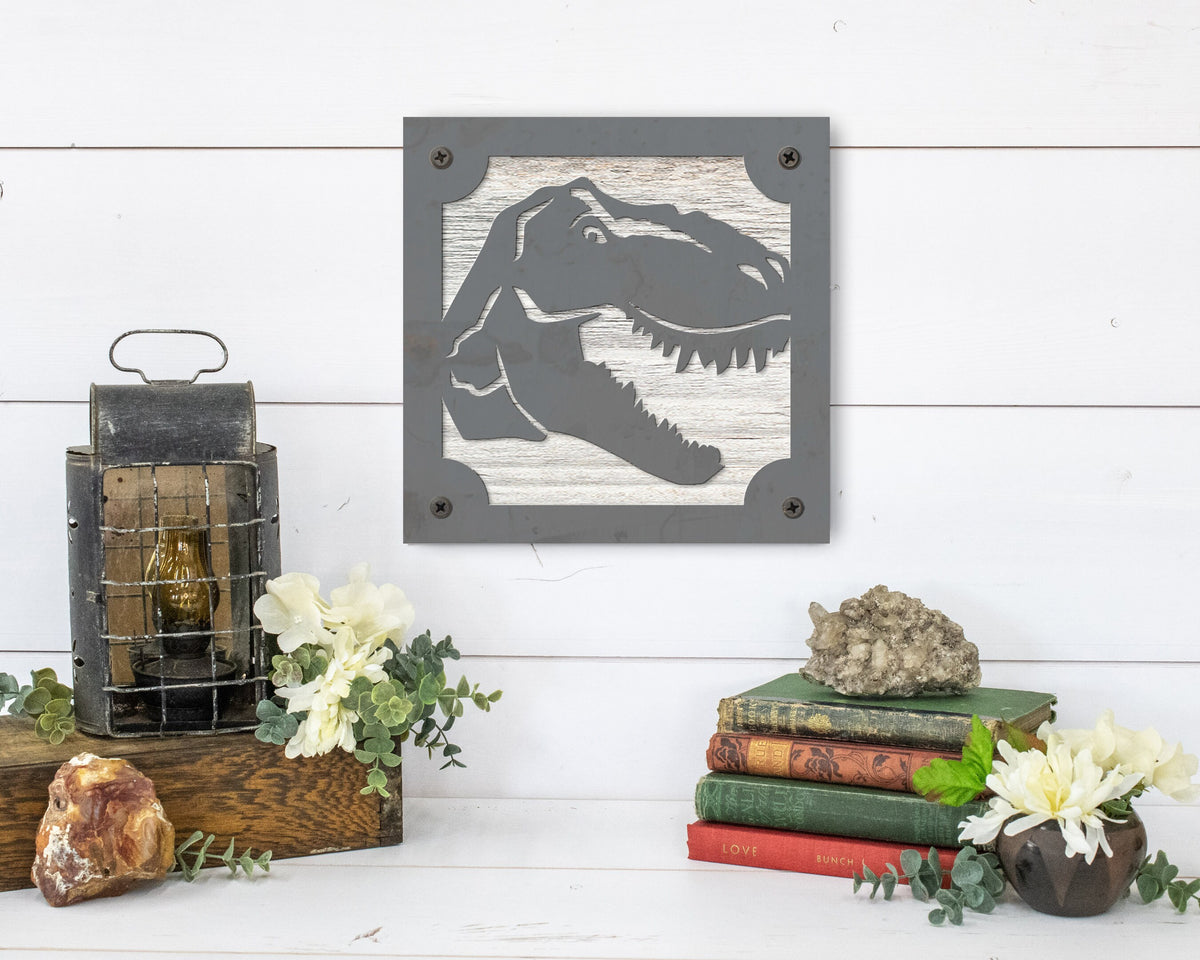 T-Rex Metal Wall Art on Reclaimed Wood, Dinosaur Playroom Decor, Kids Gift, 5.5 Inch Square Steel Sign, Dino Lover Gift, Housewarming Gift