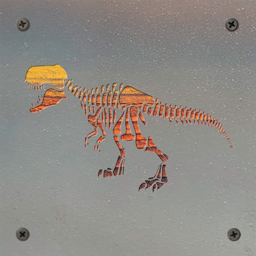 T-Rex Skeleton Metal Wall Art on Reclaimed Wood, Fossil Decor, Dinosaur Gift