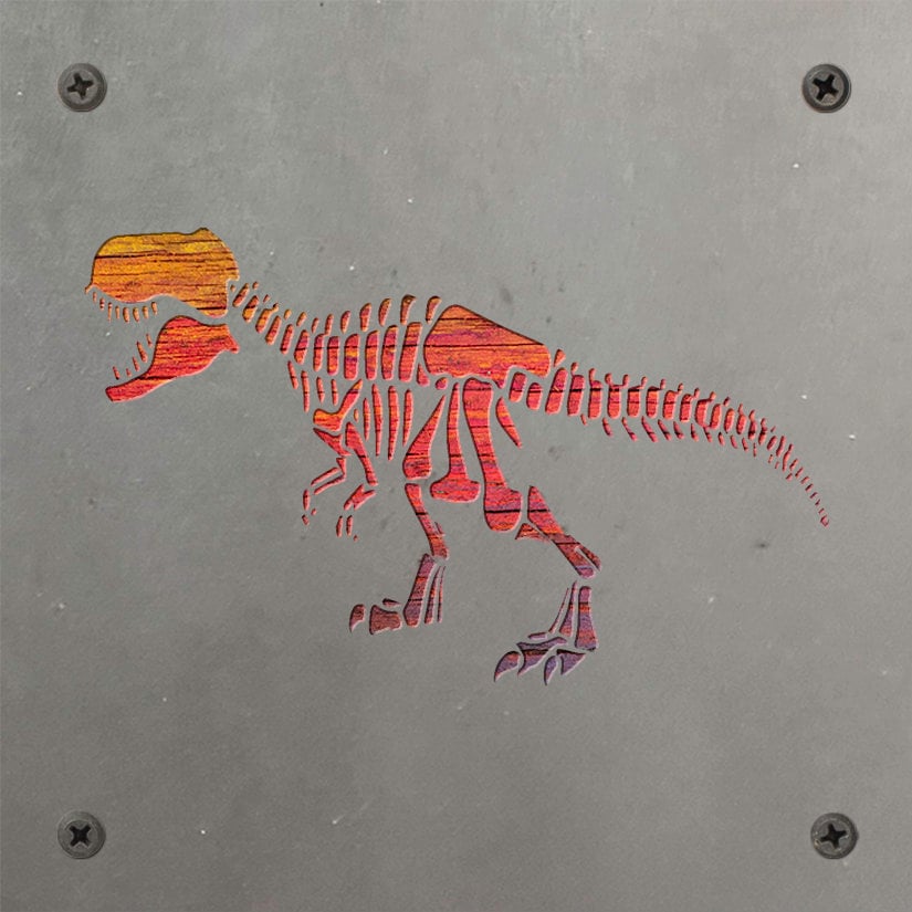 T-Rex Skeleton Metal Wall Art on Reclaimed Wood, Fossil Decor, Dinosaur Gift
