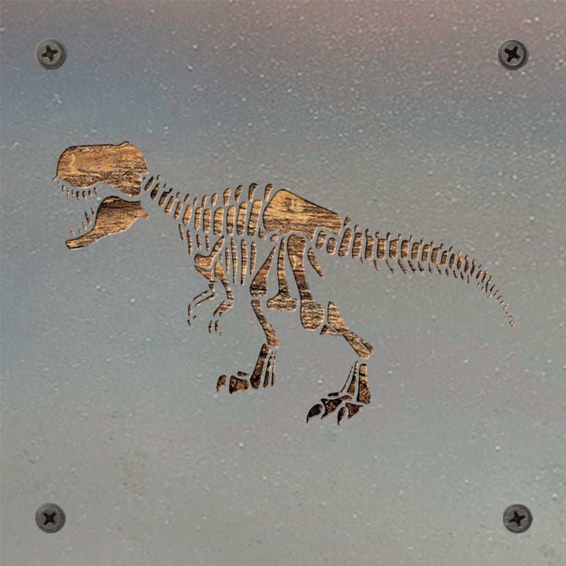 T-Rex Skeleton Metal Wall Art on Reclaimed Wood, Fossil Decor, Dinosaur Gift