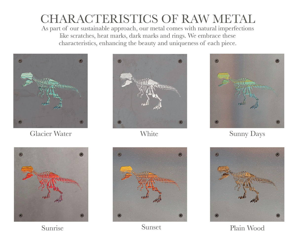 T-Rex Skeleton Metal Wall Art on Reclaimed Wood, Fossil Decor, Dinosaur Gift