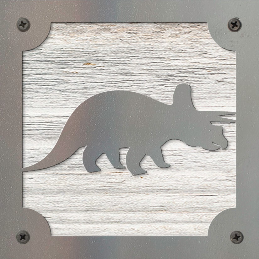 Triceratops Dinosaur Metal Wall Art on Reclaimed Wood, Dino Nursery Decor