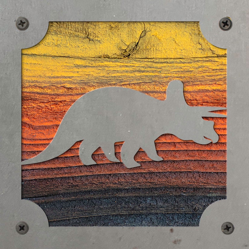 Triceratops Dinosaur Metal Wall Art on Reclaimed Wood, Dino Nursery Decor