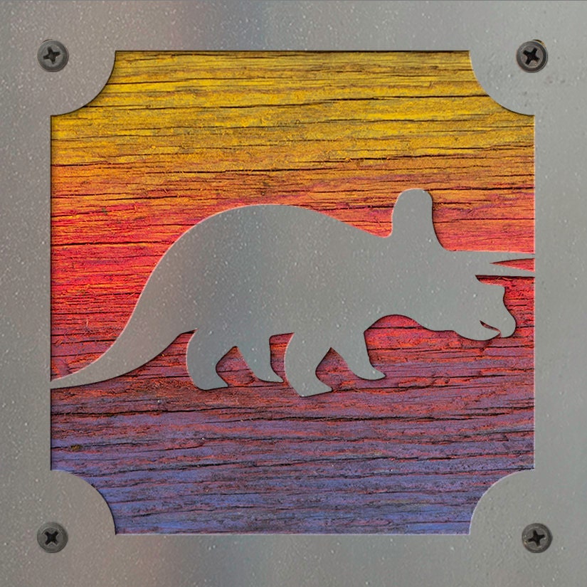 Triceratops Dinosaur Metal Wall Art on Reclaimed Wood, Dino Nursery Decor