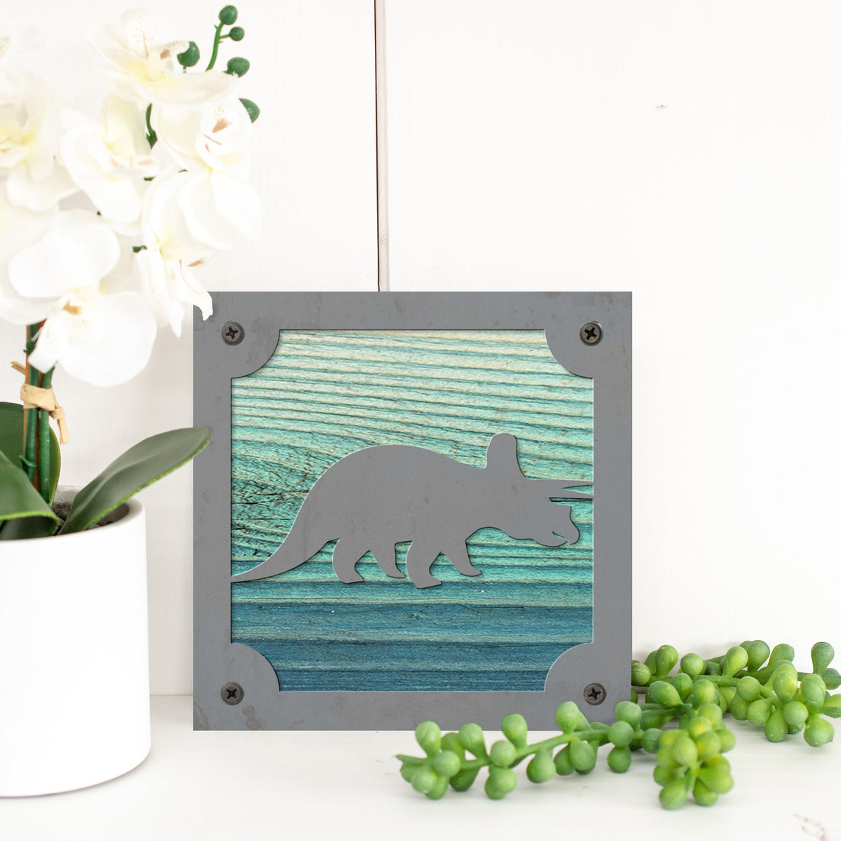 Triceratops Dinosaur Metal Wall Art on Reclaimed Wood, Dino Nursery Decor