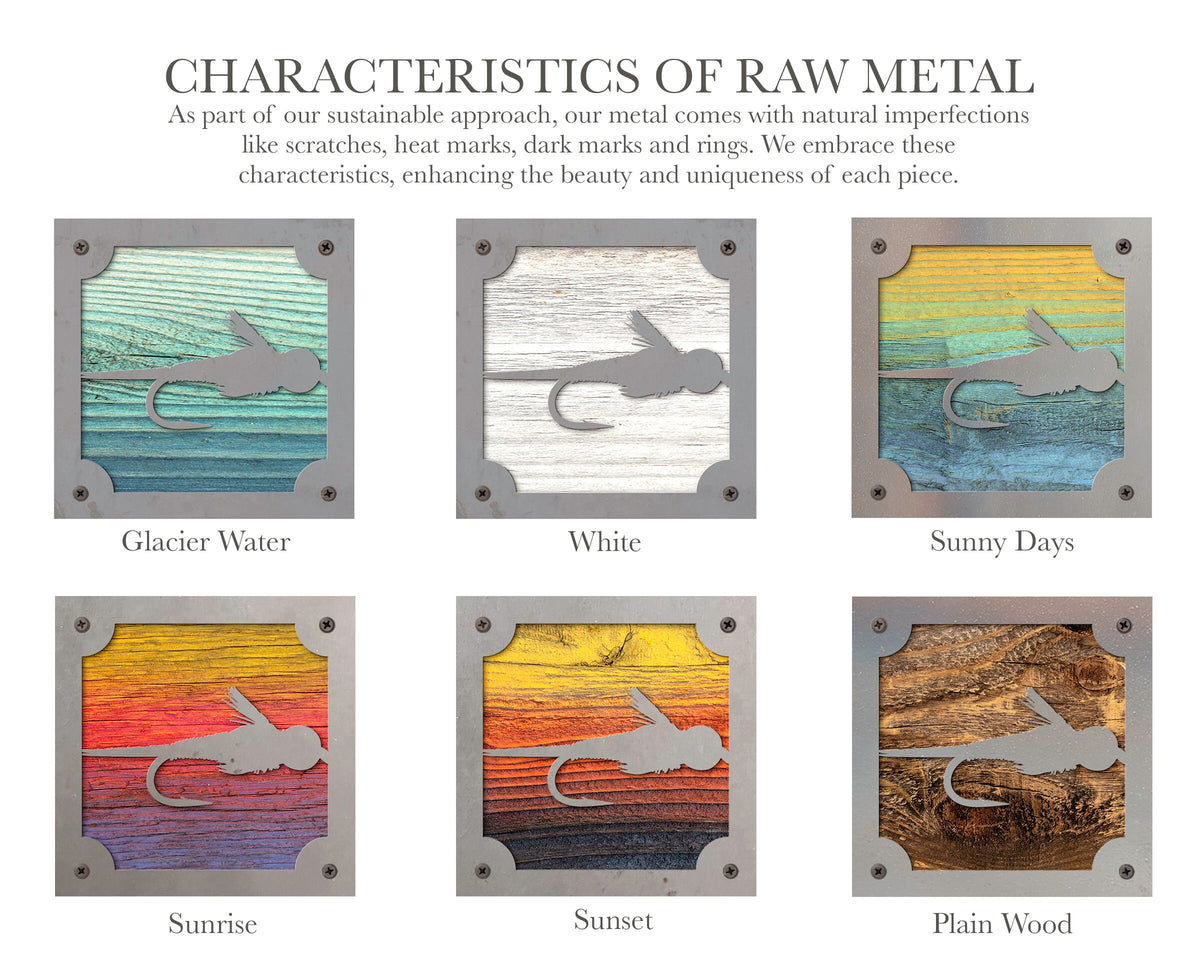 Copper John Fly Metal Wall Art on Reclaimed Wood, Fly Fishing Decor, Angler Gift, 5.5 Inch Square Steel Sign, Fly Tying Gift