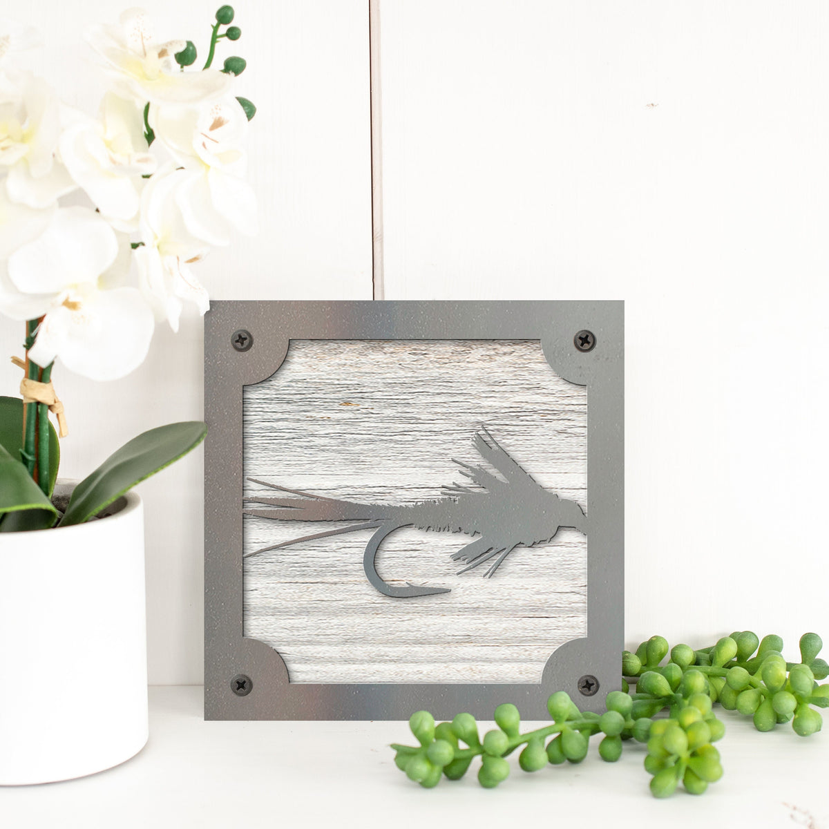 Elk Hair Caddis Fly Metal Wall Art on Reclaimed Wood, Fly Tying Gift