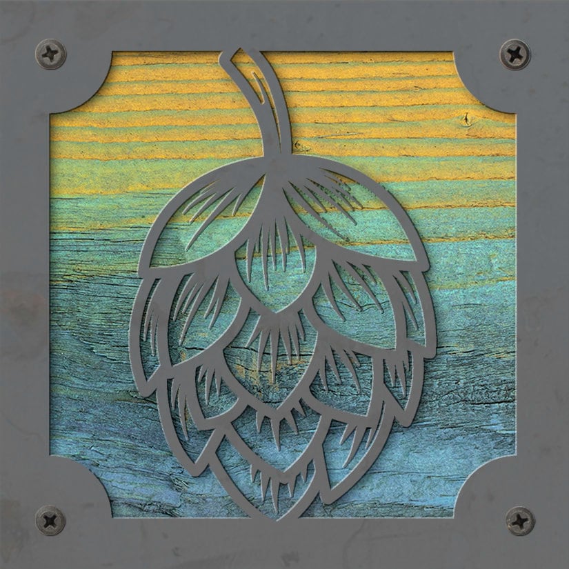 Hops Metal Wall Art on Reclaimed Wood, Home Bar Sign, Craft Beer Gift, 5.5 Inch Square Steel Sign, Brewery Decor, Beer Lover Gift