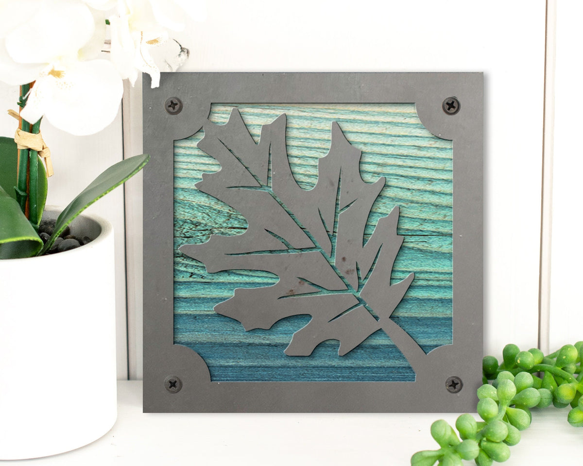 Oak Leaf Metal Wall Art on Reclaimed Wood, Modern Farmhouse Decor, Fall Sign
