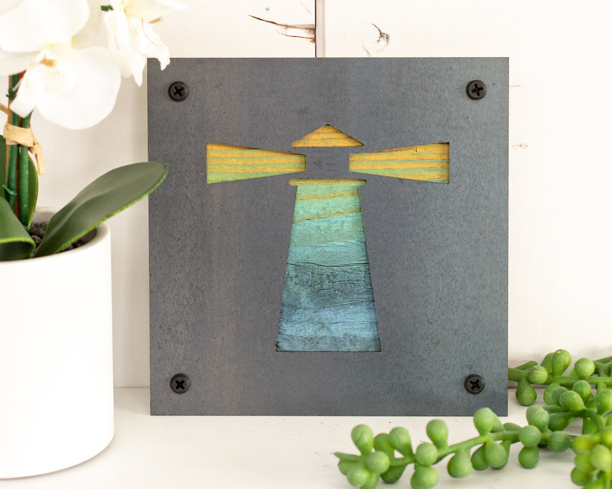 Lighthouse Metal Wall Art on Reclaimed Wood, Coastal Decor, Nautical Gift, 5.5 Inch Square Steel Sign, Beach House Sign, Housewarming Gift