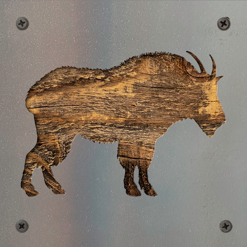 Mountain Goat Metal Wall Art on Reclaimed Wood, Glacier Park Decor, Hiker Gift, 5.5 Inch Square Steel Sign, National Park Gift