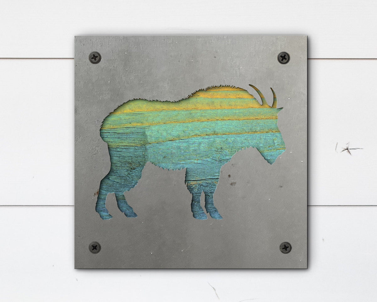 Mountain Goat Metal Wall Art on Reclaimed Wood, Glacier Park Decor, Hiker Gift, 5.5 Inch Square Steel Sign, National Par