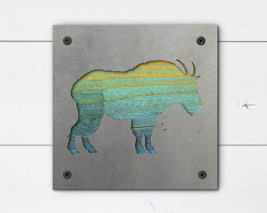 Mountain Goat Metal Wall Art on Reclaimed Wood, Glacier Park Decor, Hiker Gift, 5.5 Inch Square Steel Sign, National Par