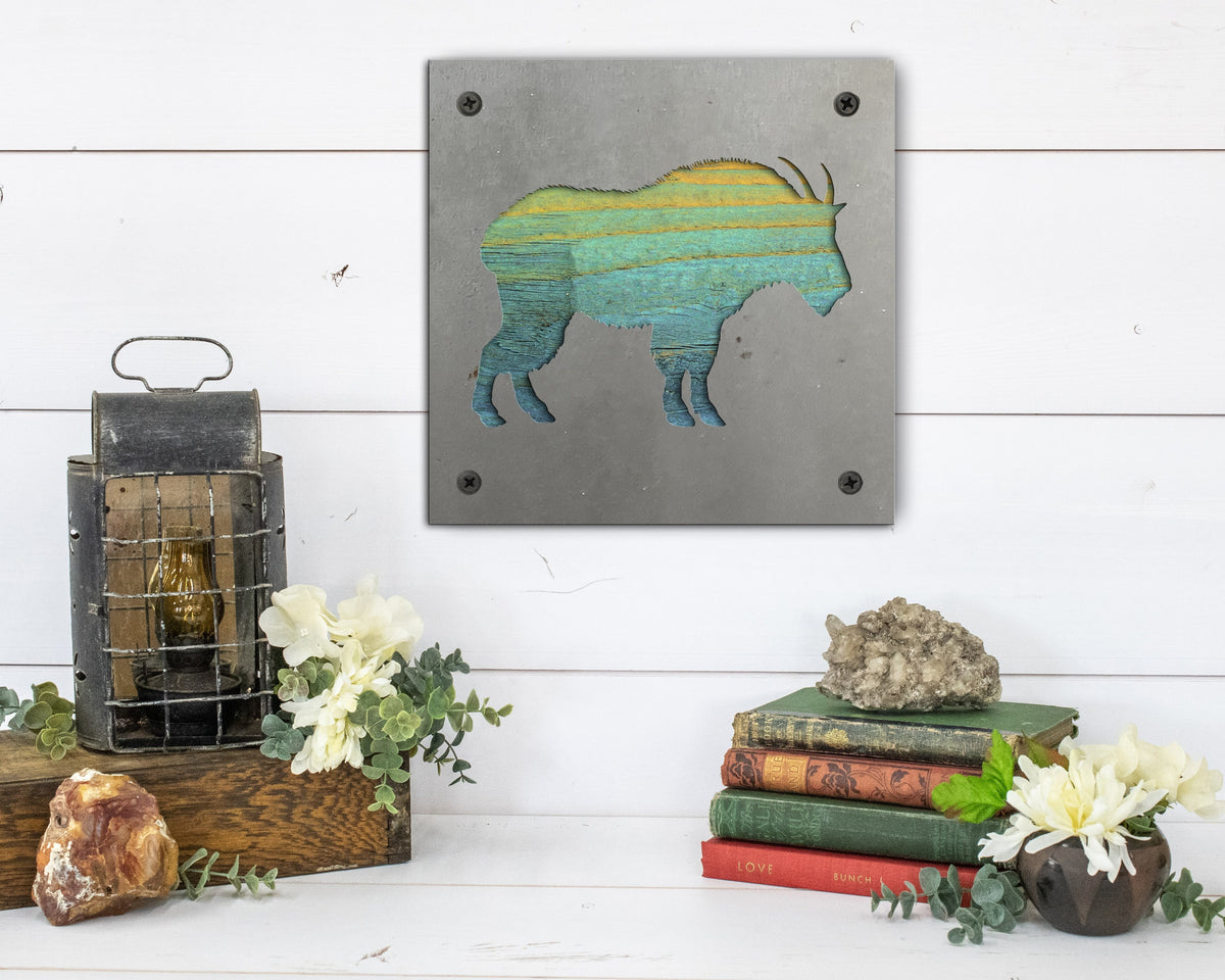 Mountain Goat Metal Wall Art on Reclaimed Wood, Glacier Park Decor, Hiker Gift, 5.5 Inch Square Steel Sign, National Park Gift