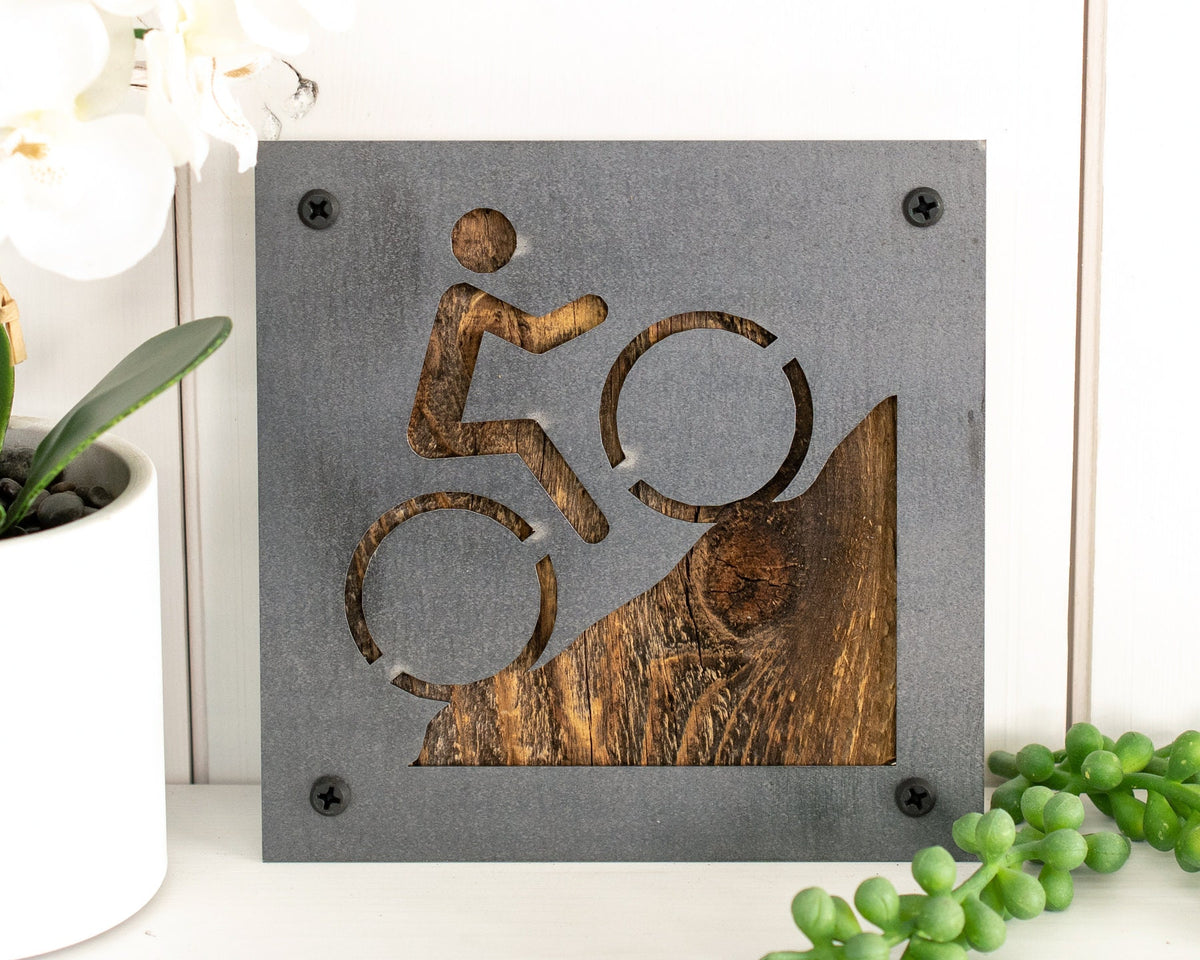 Mountain Bike Metal Wall Art on Reclaimed Wood, Cyclist Gift, Garage Sign