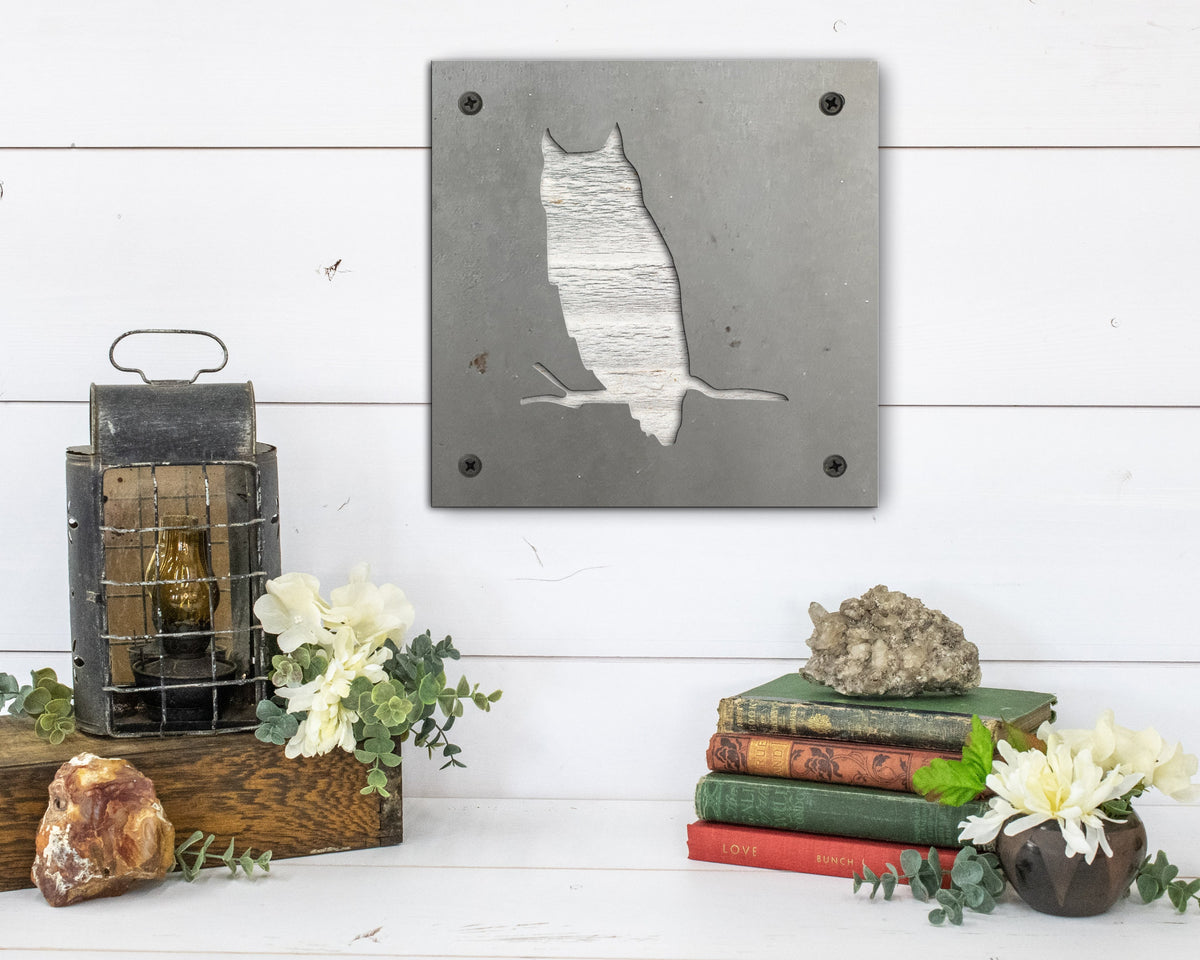 Owl Metal Wall Art on Reclaimed Wood, Woodland Nursery Decor, Owl Gift, 5.5 Inch Square Steel Sign, Owl Lover Gift, Housewarming Gift