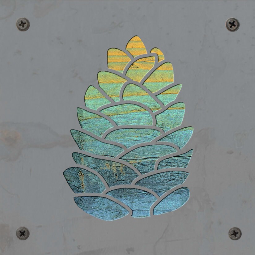 Pinecone Metal Wall Art on Reclaimed Wood, Cabin Decor, Rustic Christmas Sign, 5.5 Inch Square Steel Sign, Pine Cone Art