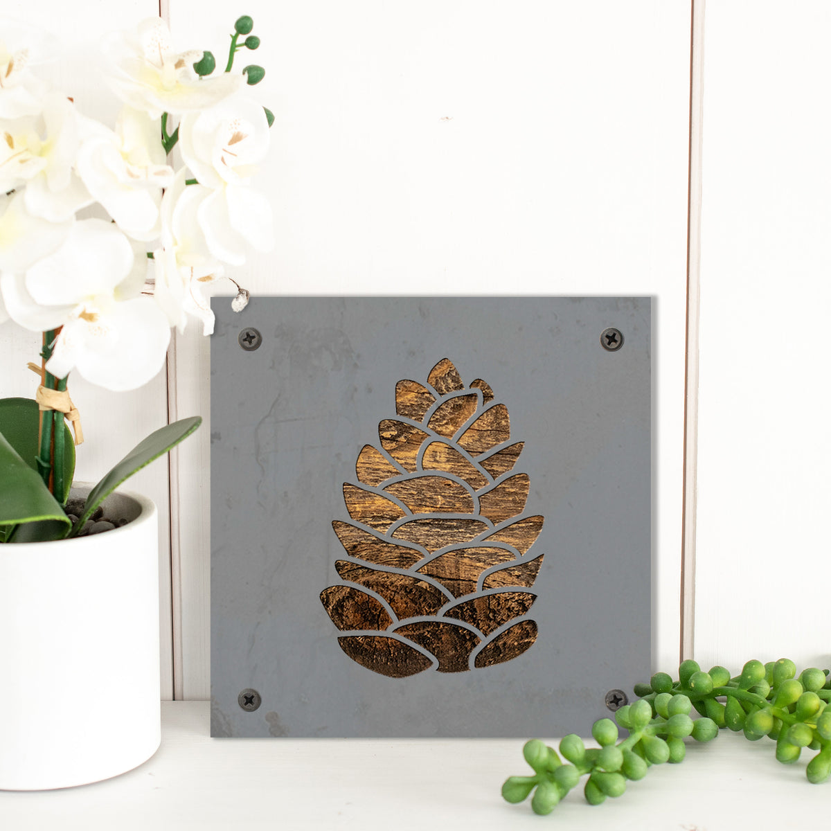 Pinecone Metal Wall Art on Reclaimed Wood, Cabin Decor, Rustic Christmas Sign, 5.5 Inch Square Steel Sign, Pine Cone Art, Winter Decor