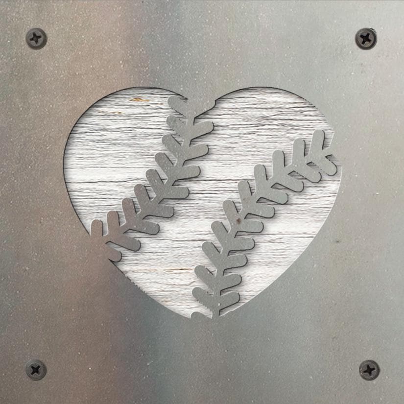 Baseball Heart Metal Wall Art on Reclaimed Wood, Softball Sign, Baseball Mom Gift, 5.5 Inch Square Steel Sign, Baseball Decor